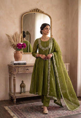 Olive Green Embroidered Anarkali Suit Set with Dupatta