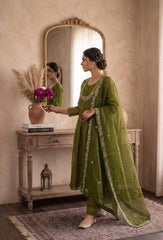 Olive Green Embroidered Anarkali Suit Set with Dupatta