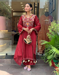 Elegant Maroon Cotton Embroidered Kurta Set with Dupatta