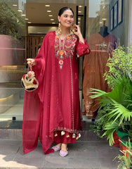 Elegant Maroon Cotton Embroidered Kurta Set with Dupatta