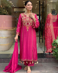 Elegant Pink Cotton Embroidered Kurta Set with Dupatta