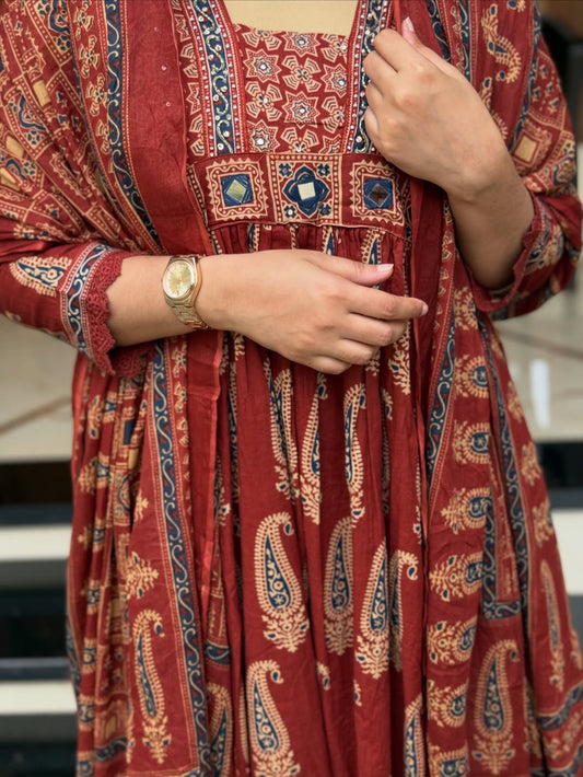 Elegant Maroon Printed Cotton Kurta Set with Dupatta