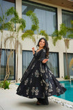 Black Ethnic Printed Anarkali Kurta Set with Dupatta for Women