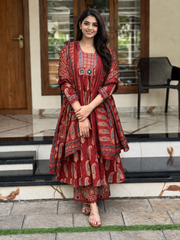Elegant Maroon Printed Cotton Kurta Set with Dupatta