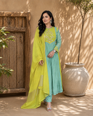 Mint Green Embroidered Anarkali Suit Set with Lime Dupatta