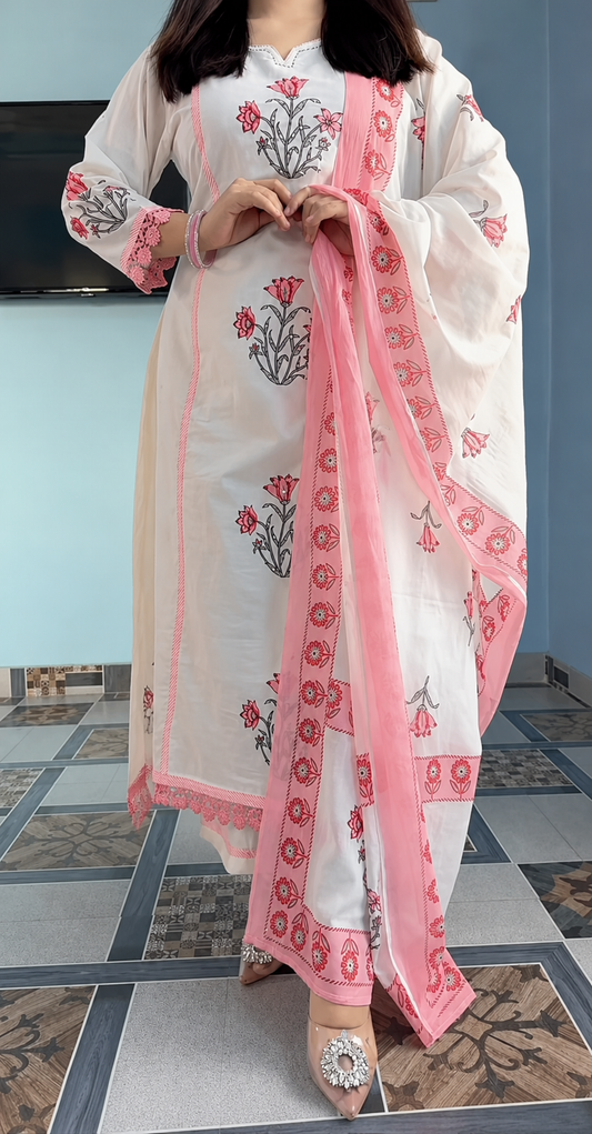 Elegant Blush Pink Floral Printed Cotton Suit Set with Dupatta