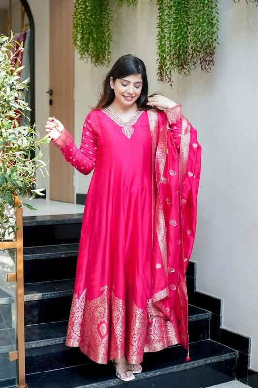 Pink Banarasi Anarkali Suit Set With Zari Border Dupatta