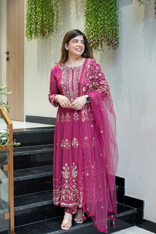 Wine Pink Embroidered Anarkali Suit Set with Dupatta