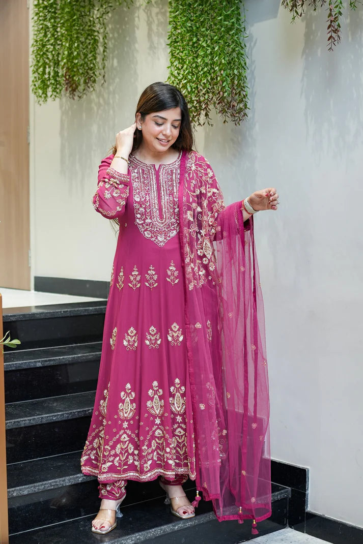 Wine Pink Embroidered Anarkali Suit Set with Dupatta