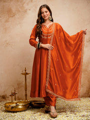 Orange Regal Embroidered Kurta Set with Dupatta