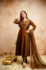Brown Regal Embroidered Kurta Set with Dupatta