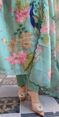 Mint Green Peacock Floral Printed Kurta Pant Dupatta Set for Women