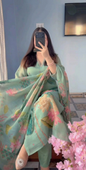 Mint Green Peacock Floral Printed Kurta Pant Dupatta Set for Women