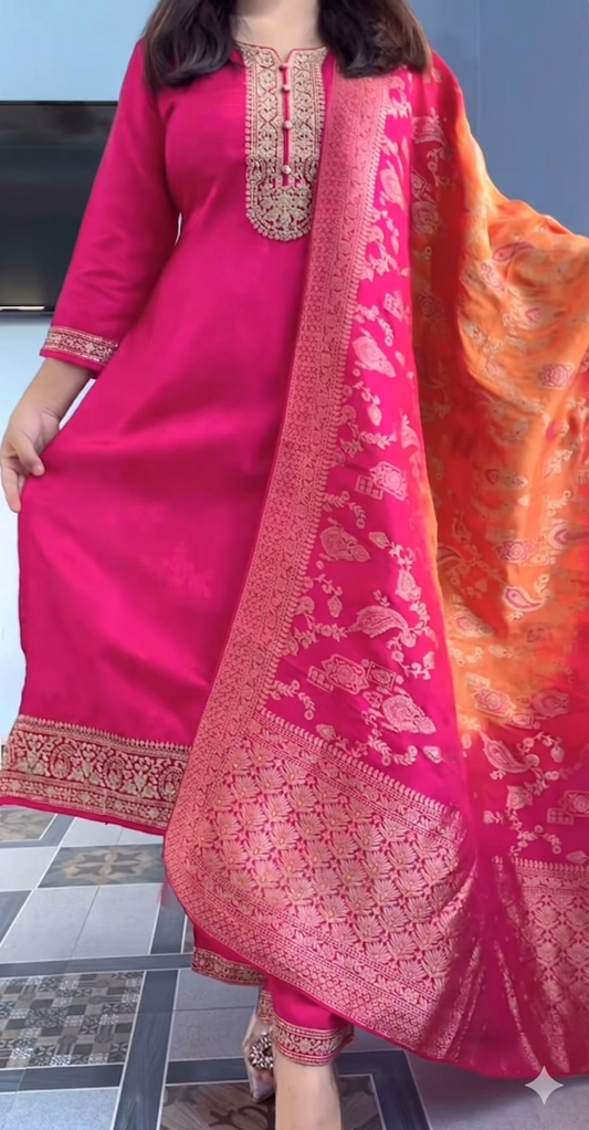 Fuchsia Pink Embroidered Silk Salwar Suit with Banarasi Silk Dupatta