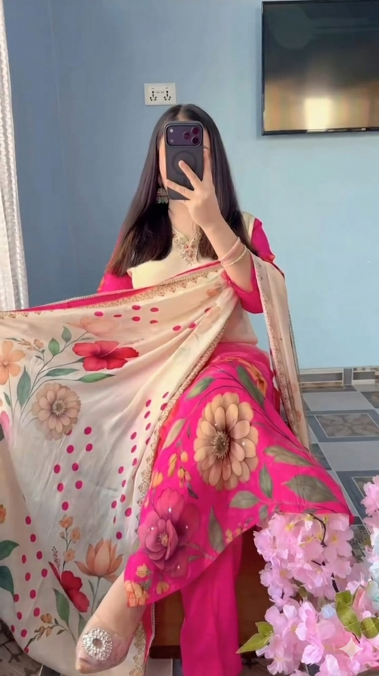 Elegant Pink Floral Printed Kurta Pant Dupatta Set for Women