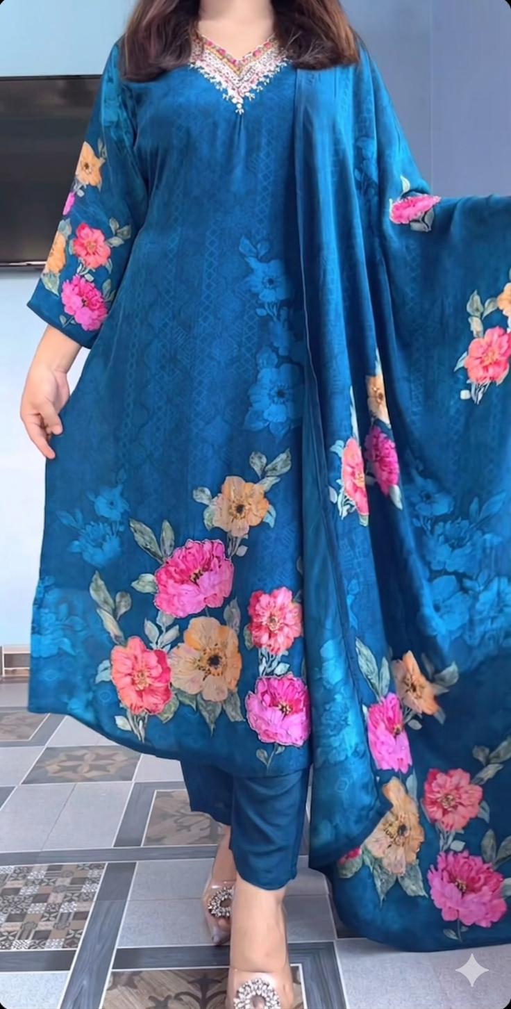 Elegant Deep Blue Floral Printed Anarkali Suit Set with Dupatta
