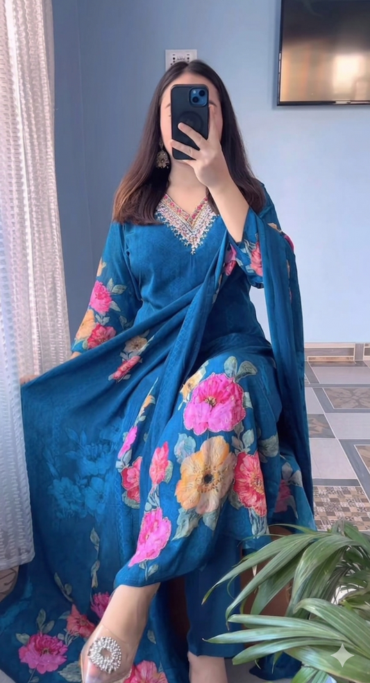 Elegant Deep Blue Floral Printed Anarkali Suit Set with Dupatta