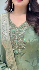 Royal Sage Green Embroidered Ethnic Suit Set with Elegant Dupatta