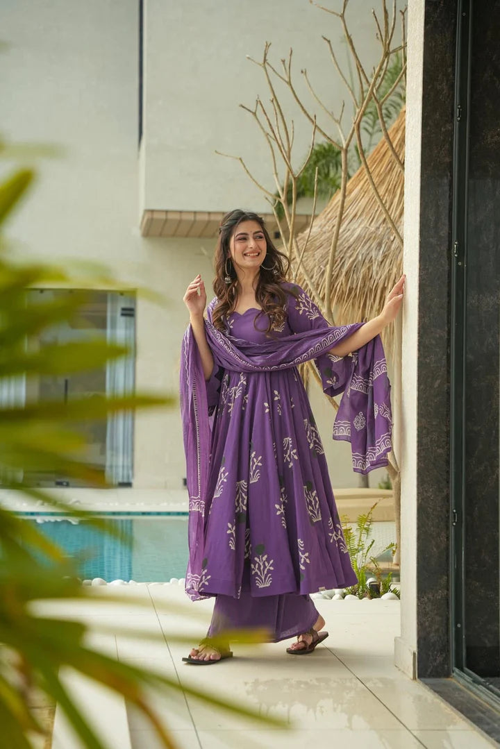 Purple Ethnic Printed Anarkali Kurta Set with Dupatta for Women