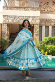 White & Blue Printed Anarkali Kurta Set with Dupatta for Women