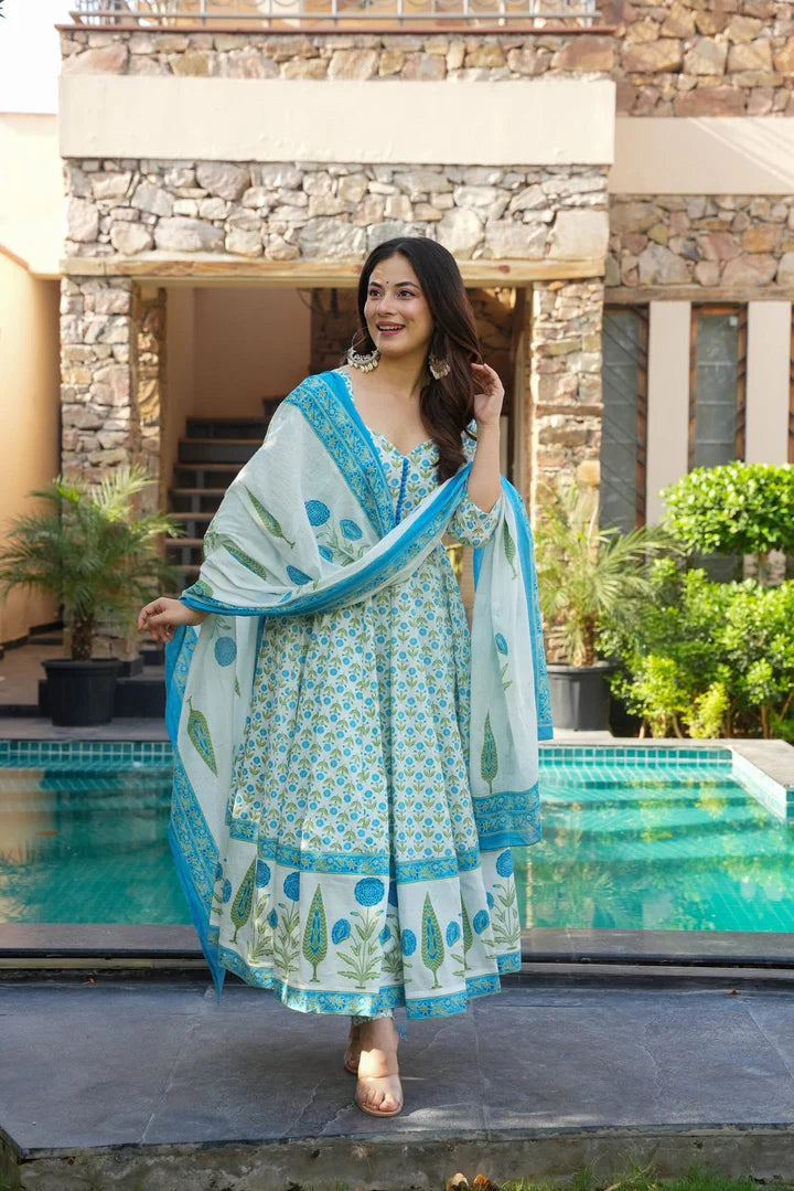 White & Blue Printed Anarkali Kurta Set with Dupatta for Women