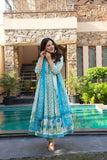 White & Blue Printed Anarkali Kurta Set with Dupatta for Women