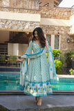 White & Blue Printed Anarkali Kurta Set with Dupatta for Women
