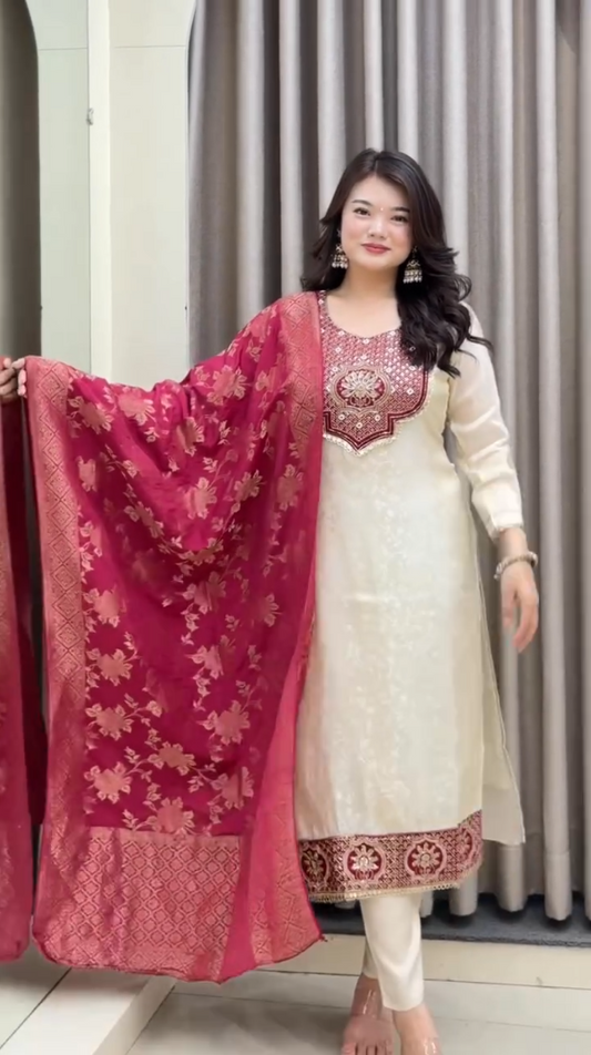 Elegant Ivory Embroidered Kurta Set with Designer Dupatta