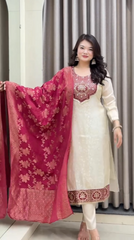 Elegant Ivory Embroidered Kurta Set with Designer Dupatta
