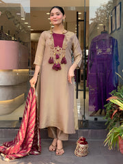 Elegant Beige & Wine Embroidered Kurta Pant Set with Striped Dupatta for Women