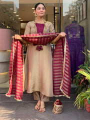 Elegant Beige & Wine Embroidered Kurta Pant Set with Striped Dupatta for Women