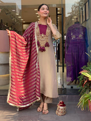 Elegant Beige & Wine Embroidered Kurta Pant Set with Striped Dupatta for Women