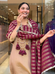 Elegant Beige & Wine Embroidered Kurta Pant Set with Striped Dupatta for Women