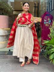 Red & Ivory Embroidered Anarkali Suit Set with Striped Tissue Dupatta