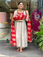 Red & Ivory Embroidered Anarkali Suit Set with Striped Tissue Dupatta