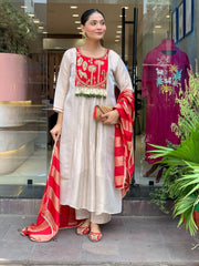 Red & Ivory Embroidered Anarkali Suit Set with Striped Tissue Dupatta
