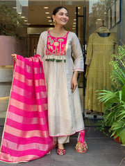 Pink & Ivory Embroidered Anarkali Suit Set with Striped Tissue Dupatta