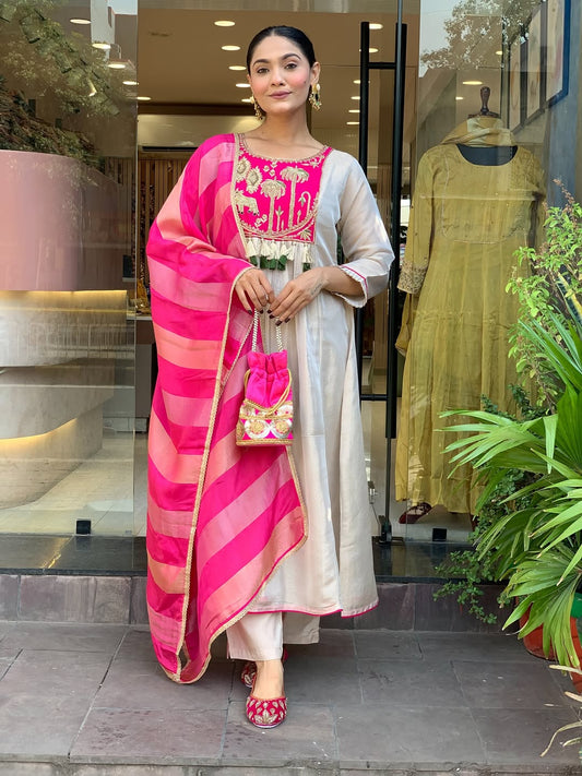 Pink & Ivory Embroidered Anarkali Suit Set with Striped Tissue Dupatta