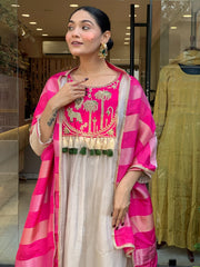 Pink & Ivory Embroidered Anarkali Suit Set with Striped Tissue Dupatta