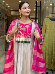 Pink & Ivory Embroidered Anarkali Suit Set with Striped Tissue Dupatta