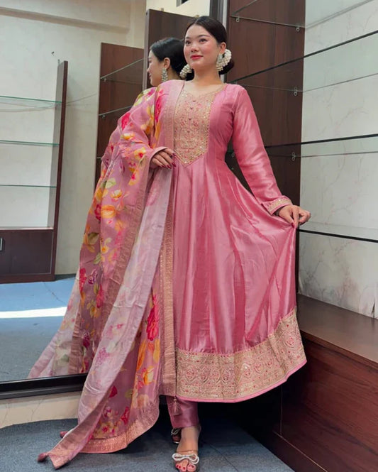 Peach Floral Printed Anarkali Kurta Set with Dupatta for Women