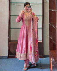 Peach Floral Printed Anarkali Kurta Set with Dupatta for Women