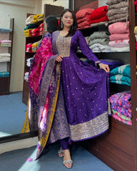 Purple Floral Printed Anarkali Kurta Set with Dupatta for Women