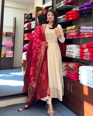 White Floral Printed Anarkali Kurta Set with Dupatta for Women