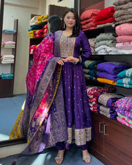 Purple Floral Printed Anarkali Kurta Set with Dupatta for Women