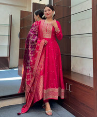 Pink Floral Printed Anarkali Kurta Set with Dupatta for Women