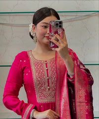 Pink Floral Printed Anarkali Kurta Set with Dupatta for Women