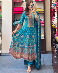 Teal Blue Floral Printed Anarkali Kurta Set with Dupatta for Women