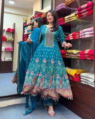 Teal Blue Floral Printed Anarkali Kurta Set with Dupatta for Women