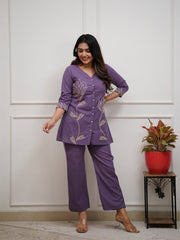 Women’s Lavender Embroidered Cotton Blend Kurti Pant Co-Ord Set